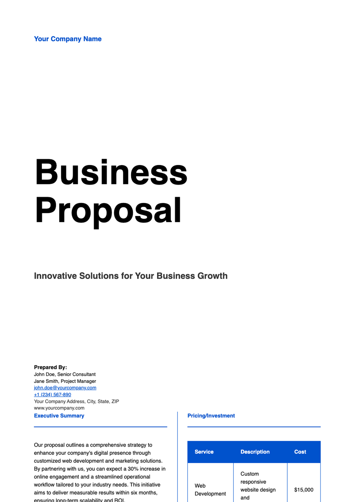 Business proposal template with blue branding and placeholder contact info_variant_3
